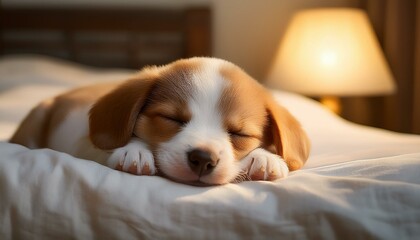 Obraz premium Sweet Dreams A brown and white puppy sleeps peacefully on a white bed, the soft light from a bedside lamp casting a warm glow. The image evokes feelings of comfort, innocence, and pure bliss.