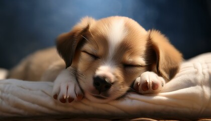 Obraz premium Sweet Dreams A tiny puppy, nestled in cozy bedding, sleeps peacefully with its eyes closed, capturing the innocence and tranquility of a pet's slumber.