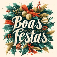 This eye-catching holiday card features "Boas Festas" in an artistic brushstroke font, surrounded by festive geometric patterns and bright colors on a lovely gradient background.
