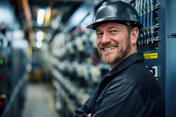 Industrial scene features Caucasian electrician standing confidently with arms crossed, wearing black hard against gray factory backdrop. Machinery, equipment in background occupation.