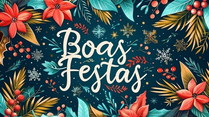 This eye-catching holiday card features "Boas Festas" in an artistic brushstroke font, surrounded by festive geometric patterns and bright colors on a lovely gradient background.