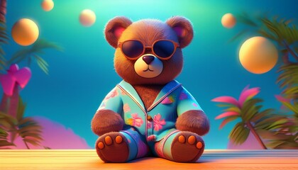 Obraz premium Teddy bear sitting in pajamas and sunglasses. 3D illustration
