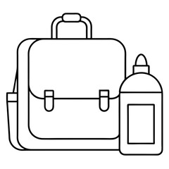 Minimalist line art of school essentials like a lunchbox, water bottle, and backpack.