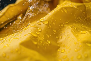 Vibrant yellow waterproof fabric small round droplets creating textured, glossy appearance. Close-up studio highlights intricate details of synthetic material water-repelling properties.