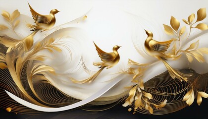The abstract art is based on a Singapore theme, luxury, white, gold, with birds.