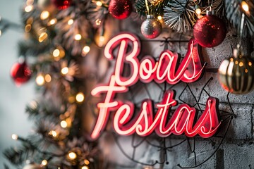 This eye-catching holiday card features "Boas Festas" in an artistic brushstroke font, surrounded by festive geometric patterns and bright colors on a lovely gradient background.
