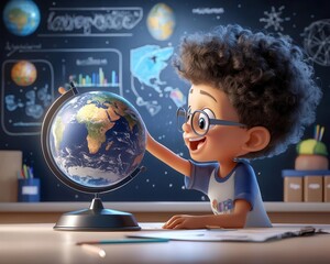 Curious cartoon boy looking at a globe in a classroom setting.