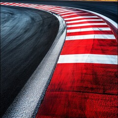 Curving road on a racetrack with red and white curb markings, showcasing the technical aspect of racing, Racetrack Road, Challenging curves