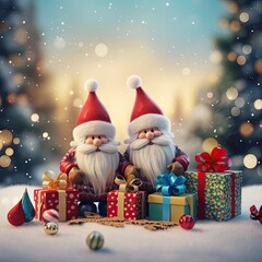 Christmas Gnomes with Wrapped Presents in Snow