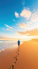 A traveler walking along a deserted beach at sunset, with only footprints in the sand and the sound of waves, capturing the peacefulness and simplicity of a quiet travel experience