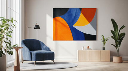 Modern living room with blue armchair, abstract wall art, and plants, creating a stylish, cozy, and contemporary atmosphere