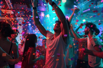 Group of young people celebrate in nightclub dance floor. Joyful South Asian man dances surrounded by colorful lights and confetti. Vibrant atmosphere, dynamic movement, bright lighting