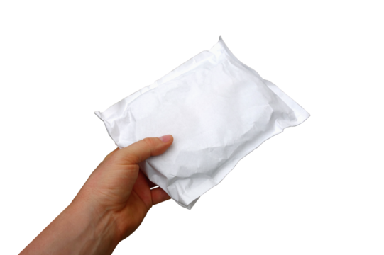 Man is holding a letter, postal parcel. On Isolated transparent background.