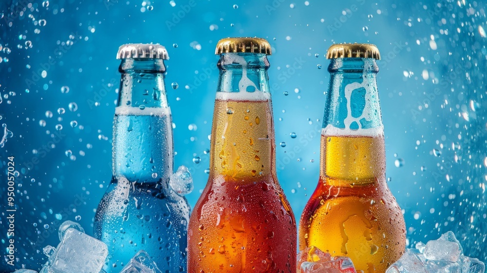 Poster three refreshing bottles of beverage sit on ice. each bottle displays a different vivid color. the s
