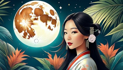 Naklejka premium The illustration depicts a beautiful woman surrounded by tropical leaves underneath a full moon