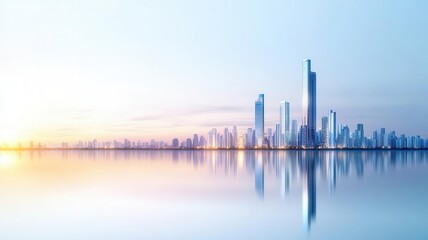 Naklejka premium Modern city skyline at dusk with futuristic skyscrapers reflecting in the river, urban development, real estate trends