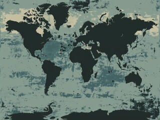 Obraz premium A black and white world map with a blue ocean. The map is very detailed and shows the continents and oceans