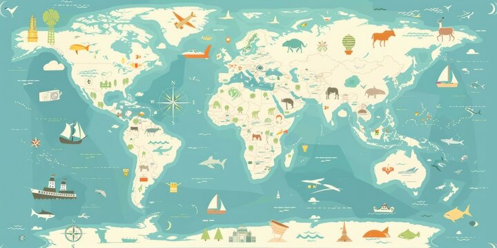 A colorful map of the world with various animals and boats. The map is a representation of the world and its diverse features