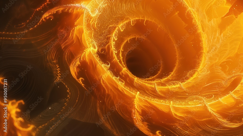 Poster Fantastic orange spiral background with intricate fractal texture. concept design features glowing wave element on black space with golden light. Digital art, 3D rendering.