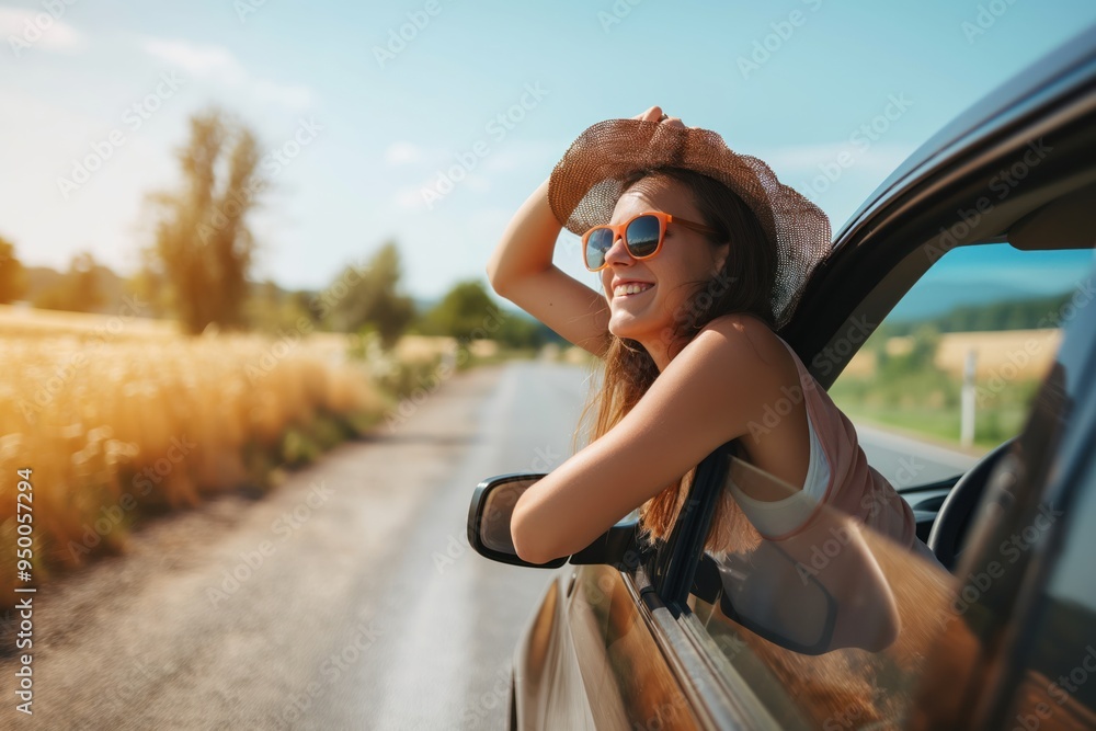 Wall mural Relaxed happy woman on a summer road trip leaning out of car window. Carefree expression, curly hair blowing in the wind. Scenic landscape background with fields and sunset.