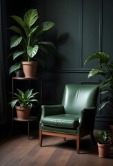 A green leather armchair in a dark, moody room with a potted plant on a wooden side table.