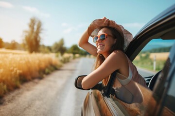 Relaxed happy woman on a summer road trip leaning out of car window. Carefree expression, curly hair blowing in the wind. Scenic landscape background with fields and sunset.