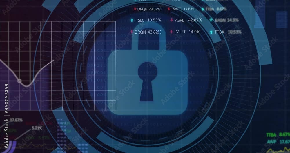 Poster lock icon with stock market data animation over blue circular digital interface