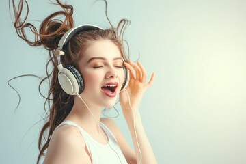 Fototapeta premium Young woman wears headphones listening to music on smartphone. She sings along with happy expression. Casual attire, cheerful girl performs on light background.