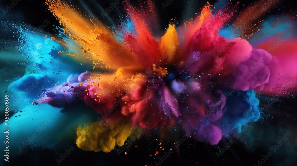 Poster Colorful paint explosion on black background creates vibrant abstract design. Swirling motion of colors forms beautiful pattern. Smooth flowing curves of colorful shapes give illusion of magic,