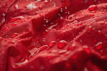 Red waterproof fabric features intricate droplets creating dynamic texture. Close-up shot of synthetic material displaying water-repellent properties. High-resolution studio fabric unique details.