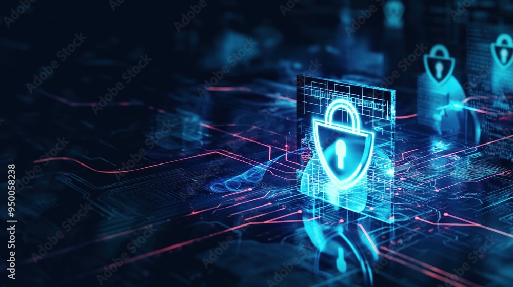Poster digital illustration of network infrastructure with blue shield in center adorned with white 1. inte