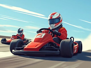 Gokarts racing on a small, twisty track, emphasizing fun and competition, Race Track, Youthful racing excitement