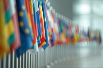 A row of flags from different countries are displayed in a row. The flags are of various sizes and colors, and they are arranged in a way that they are all visible. Concept of unity and diversity