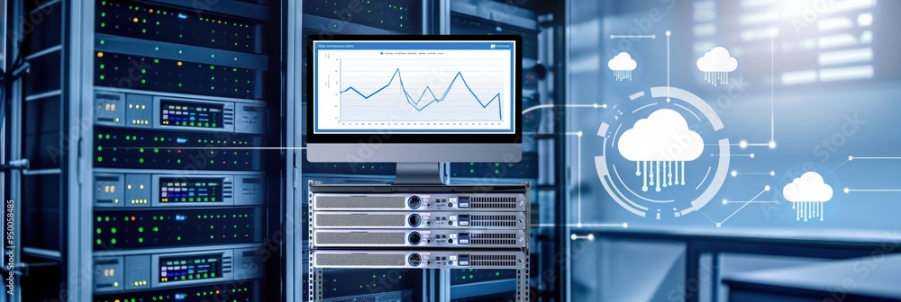 Poster Cloud computing concept with servers on rack cabinet in data center room. KVM monitor displays network charts and cloud services icon connects devices.