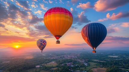 Fototapeta premium Hot air balloons rising into the sky filled with cumulus clouds, with a scenic landscape spread out below, Cumulus Scenic Air, Aerial adventure