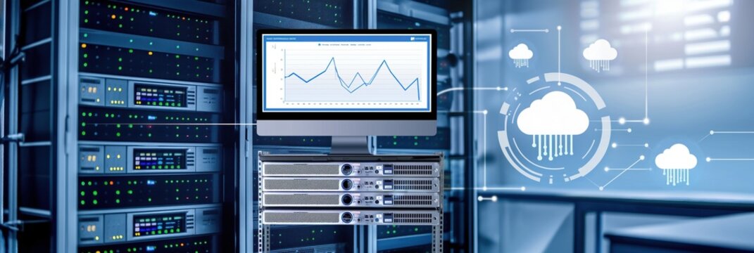 Cloud computing concept with servers on rack cabinet in data center room. KVM monitor displays network charts and cloud services icon connects devices.