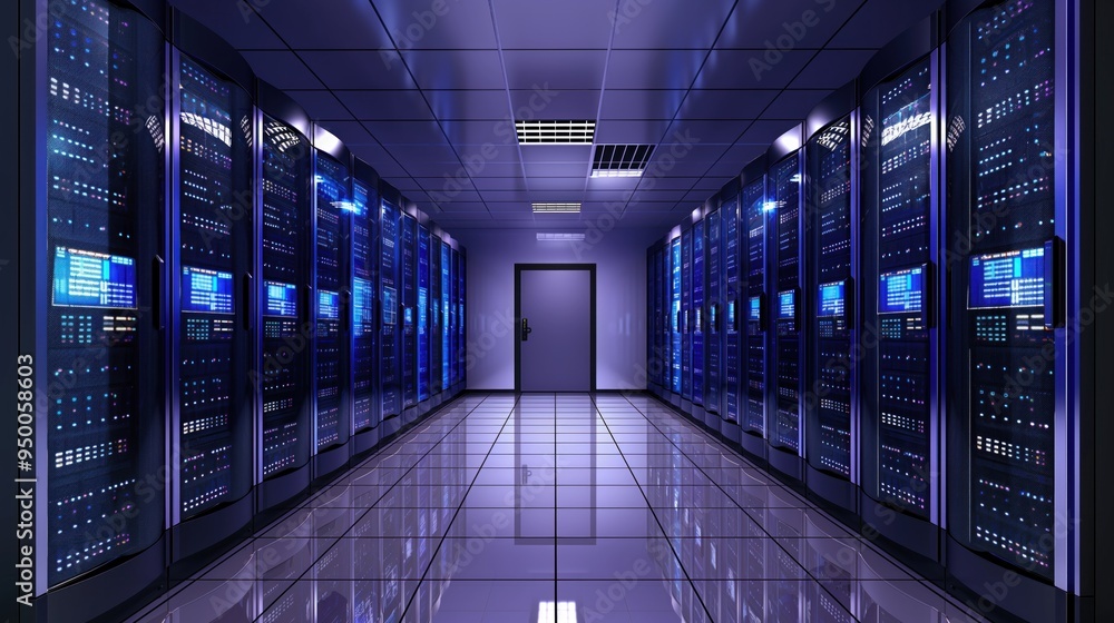 Poster Computer server room with multiple rows of identical servers lit by blue lights in soft purple hue. Large window on left wall lets natural light filter in, creating peaceful atmosphere.