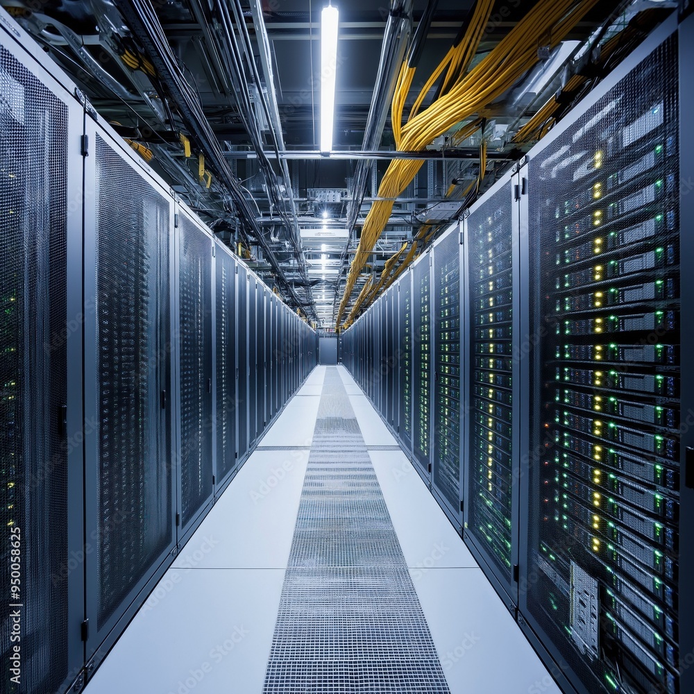 Poster Cloud computing data center with servers arranged in neat rows. Modern digital infrastructure for information economy. Data storage and processing hub.