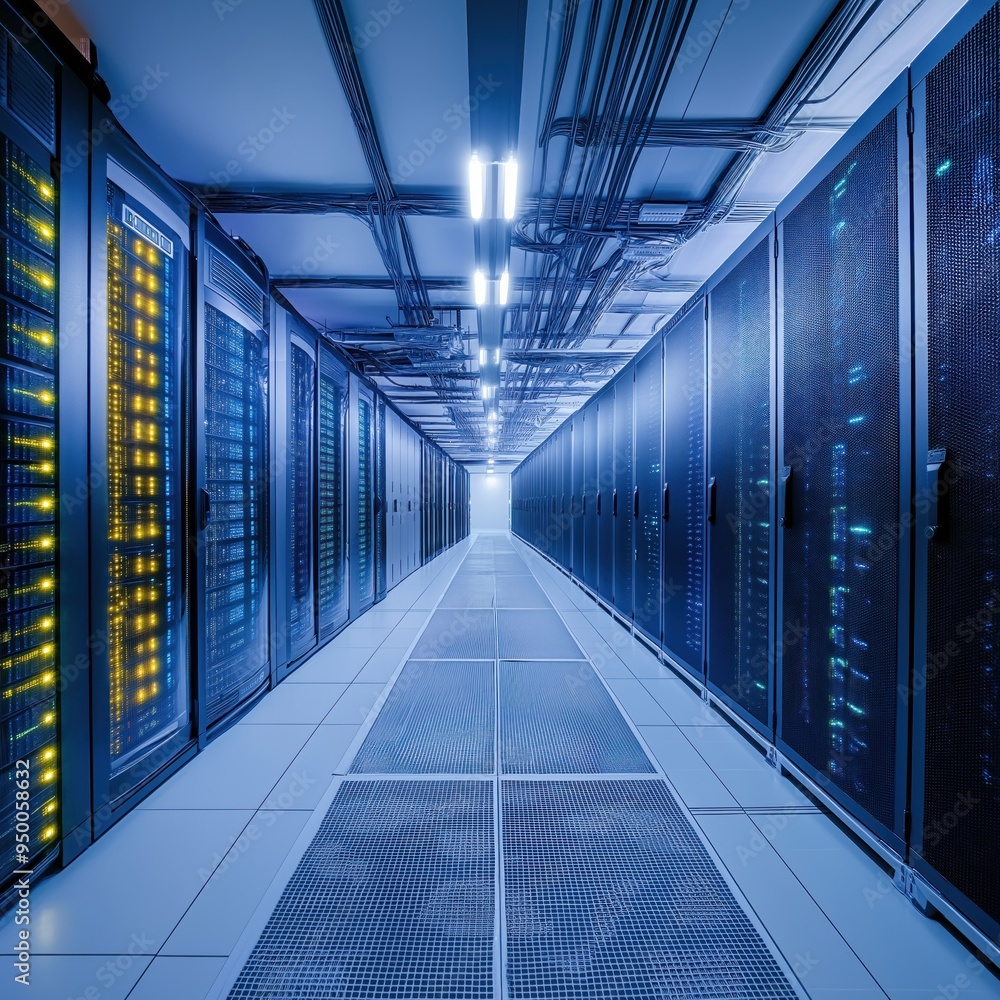 Poster Machine room with neatly arranged servers in a cloud computing data center. Digital information economy concept with modern technology infrastructure.