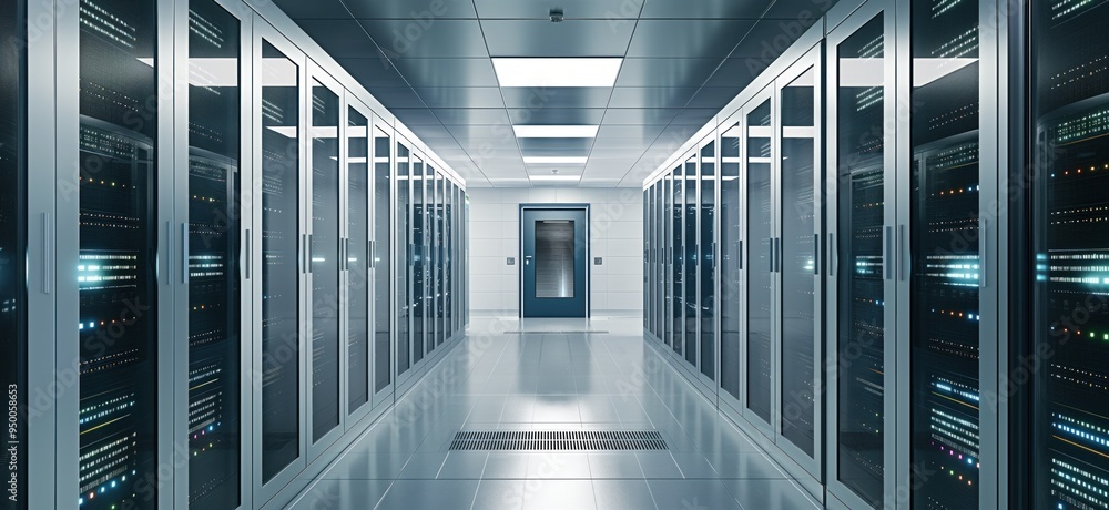 Poster Cloud data service center with rows of servers in a large room. Blue lighting illuminates the space with computer hardware and storage equipment visible.