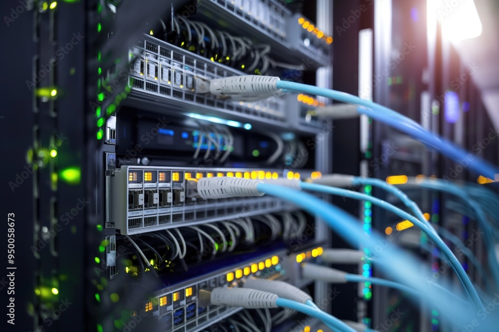 Poster modern data center equipment room with blue-colored optical rack and fiber optic cables. high-densit