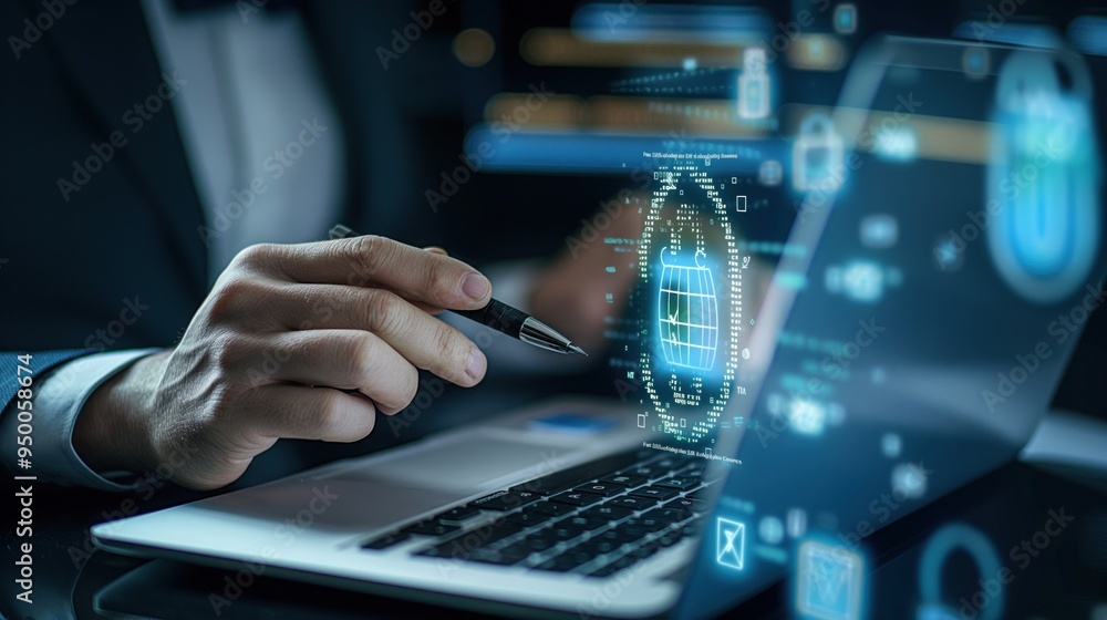Leinwandbilder System administrator works on laptop in cyber security concept setting. Developing software for data protection against network vulnerability. Online identity protection from hacker attack.
