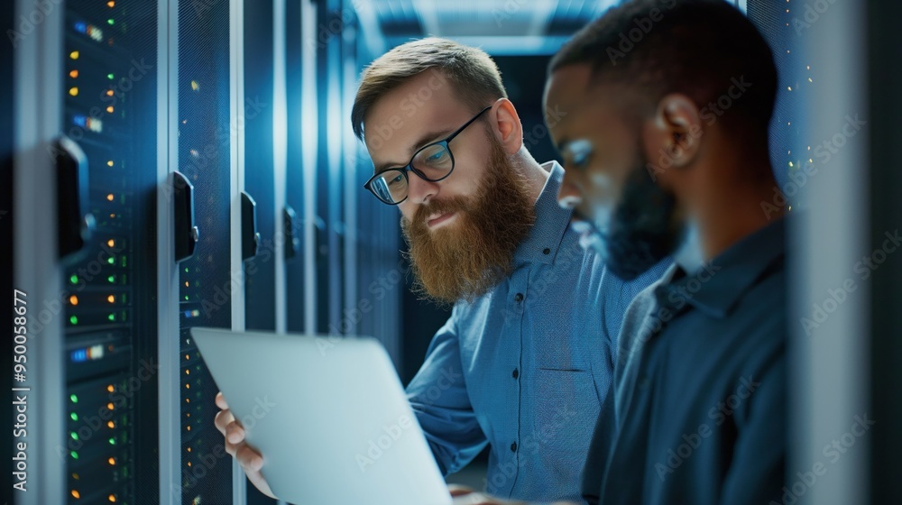 Poster IT technician in glasses works alongside a colleague next to server racks in data center. Laptop computer is used for diagnostics or maintenance work.