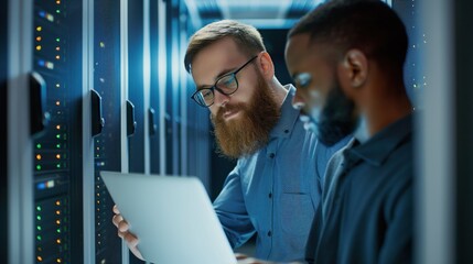IT technician in glasses works alongside a colleague next to server racks in data center. Laptop computer is used for diagnostics or maintenance work.