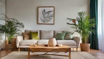  Luxury Livingroom house or apartment interior design, mock up room design, plants, and elegant personal accessories. Couch and table furniture with poster art and room accessories home decor,backgrou