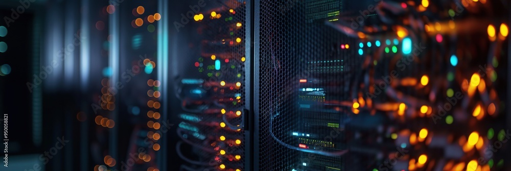 Poster Close-up of server rack LEDs in dark data center. Bright lights illuminate rows of servers, network equipment, and cables. Data flow and networking technology on display.