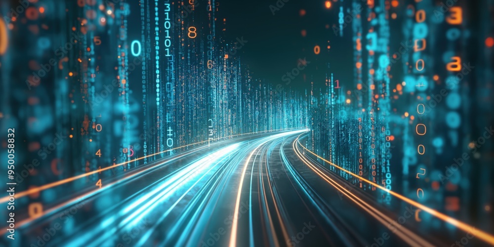 Poster Abstract highway path through digital binary towers in cityscape. Fast lane for big data, machine learning, artificial intelligence, hyperloop, virtual reality.