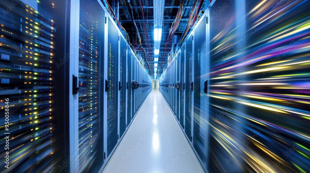 Poster Blurred background of data center corridor filled with rows of servers and supercomputers humming in distance. Rows of metal racks store network equipment, database systems, and computer hardware.