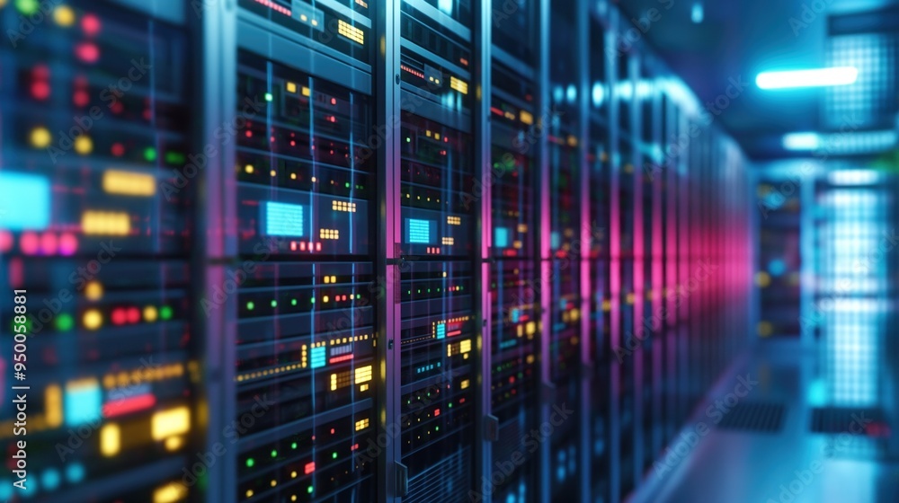 Poster Server room data center with modern LED console for monitoring performance, security, connectivity. High-density equipment, infrastructure support business operations in climate-controlled