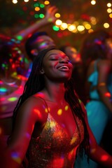 Fototapeta premium African American woman stands in party atmosphere wearing shimmering gold dress. Dark hair cascades down shoulders as gazes upwards with joy, excitement. Vibrant lights illuminate room creating